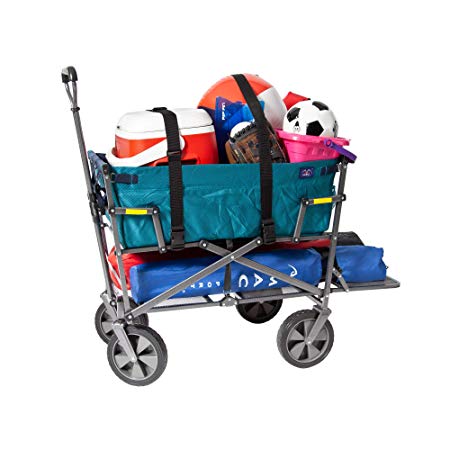 Mac Sports Double Decker Collapsible Outdoor Utility Wagon with Straps, Teal | Folding Pull Cart, for Sports Baseball Pool Camping Fishing, Collapsable Fold up Wagon with Wheels, Heavy Duty Steel