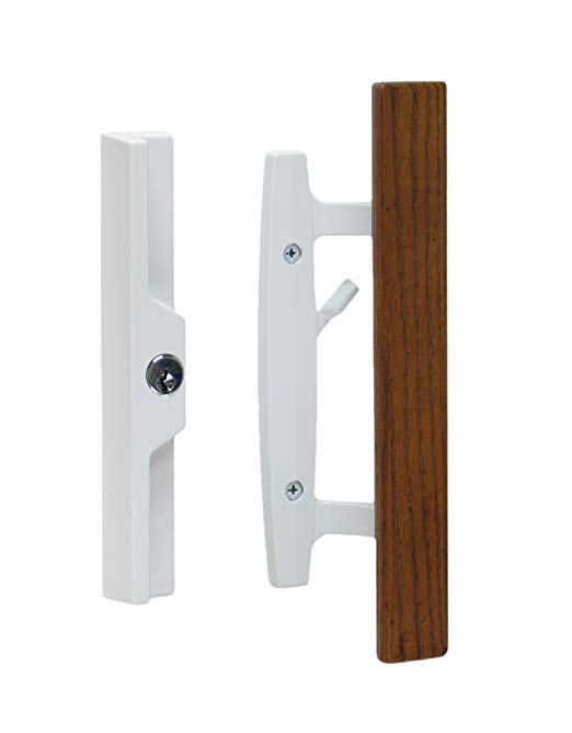 Lanai Sliding Glass Door Handle and Mortise Lock Set with Oak Wood Pull in White Finish, Includes Key Cylinder, Standard 3-15/16” CTC Screw Holes, 1-1/2" Door Thickness