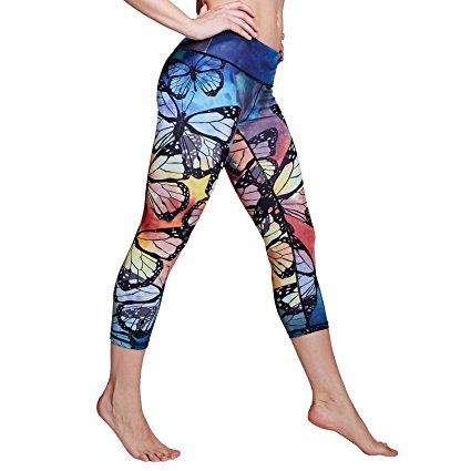 Matymats Women’s Tummy Control Printed Yoga Capri Leggings Workout Running Active Pants Tights