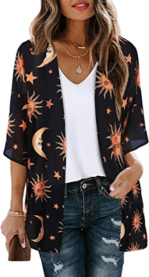 Women's Floral Print Puff Sleeve Kimono Cardigan Loose Cover Up Casual Blouse Tops