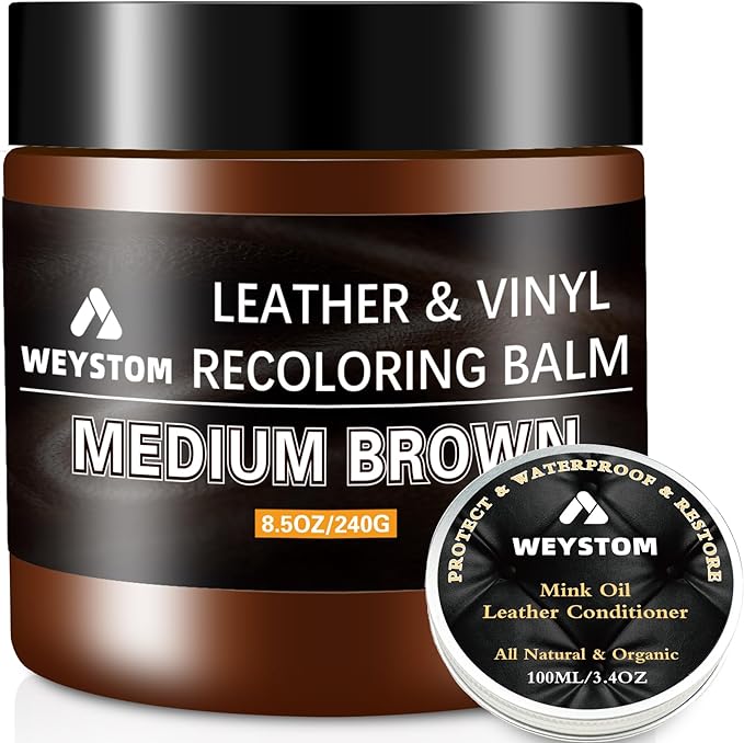 WEYSTOM Leather Recoloring Balm - Mink Oil -Leather Repair Kit for Leather Bag, Sofa, Leather Restoration Kit for Worn, Faded, Scratched Leather (Medium Brown)