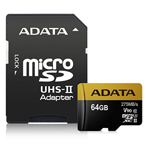 ADATA Premier ONE 64GB SDXC UHS-II U3 Class10 V90 3D NAND 4K 8K Ultra HD 275MB/s Micro SD Card with Adapter (AUSDX64GUII3CL10-CA1)