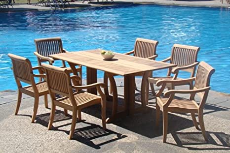 WholesaleTeak New 7 Pc Luxurious Grade-A Teak Dining Set - 69" Warwick Dining Rectangle Table and 6 Stacking Arbor Arm Chairs #WHDSAB8