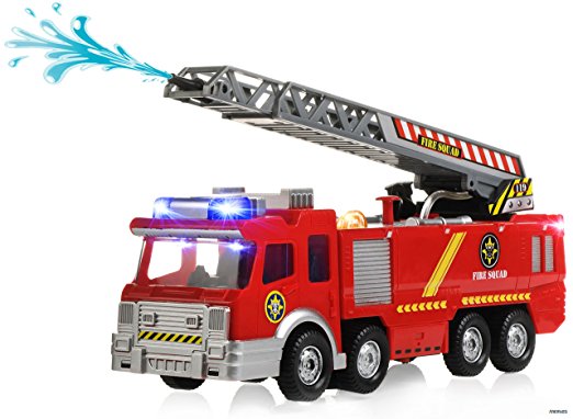 Memtes Electric Fire Truck Toy with Lights and Sirens Sounds, Extending Ladder and Water Pump Hose to Shoot Water, Bump and Go Action