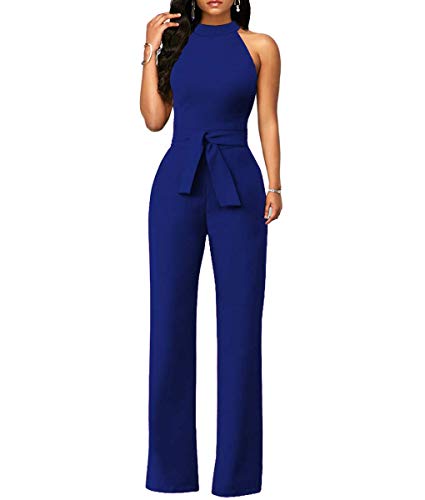 Chic-Lover Women's Elegant Solid Jumpsuit High Waisted Wide Leg Pants Jumpsuits Romper with Belt