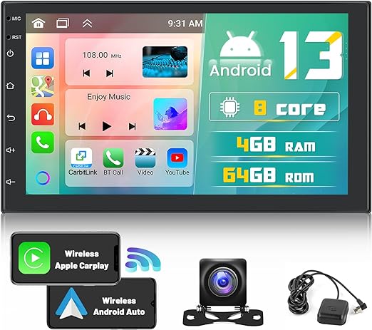 4 64GB Newest Android 13 Double Din Car Stereo Wireless Apple Carplay, 7 Inch Touchscreen Android Auto Car Radio Receiver with 59 Themes Customize APPs Support GPS Navigation DSP Split Screen USB