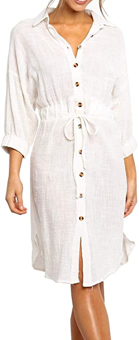 R.Vivimos Women's Summer 3/4 Sleeve Linen Button Down Casual Knee Length Dress with Tie Waist