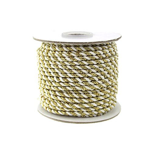 2 Ply Twisted Cord Rope Decorative, Gold Trim, 3mm, 25 Yards (White)