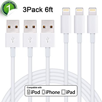Xcords 3PCS 6FT Extra Long Charging Cable Data Sync Charging Cord 8-Pin Lightning to USB Charger Cable Compatible with iPhone 7, 7Plus, iPhone6,6s, 6 Plus,6s Plus, iPhone 5 5s 5c,SE, iPad, iPod(White)