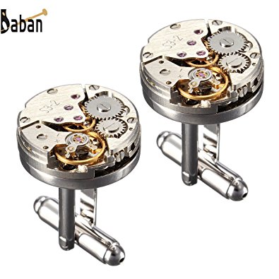 BABAN 2 PCS Watch Movement Cufflinks for Mens Silver Steampunk Vintage with a Gift Box
