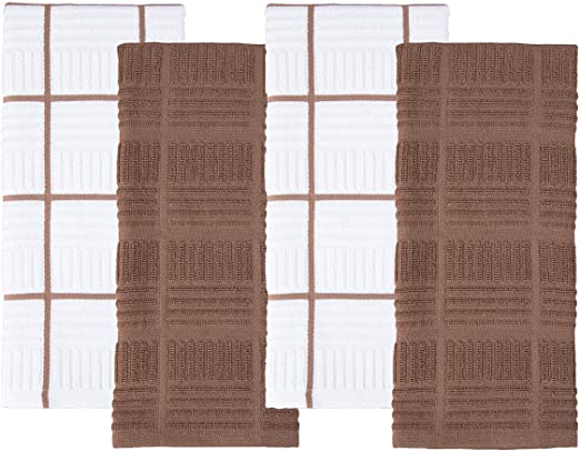 Sticky Toffee Cotton Terry Kitchen Dish Towel, 4 Pack, 28 in x 16 in, Brown Check