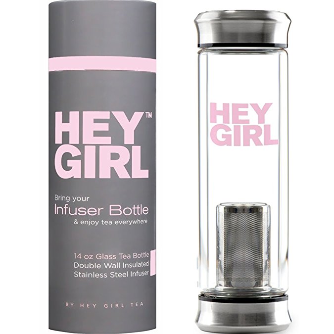 Hey Girl Infuser Bottle - Infuse Your Favorite Loose Leaf Tea , Tea Bags , Cold Brew Coffee , or Fruits In Hot or Cold Water - Glass Tumbler to Enjoy Everywhere You Go