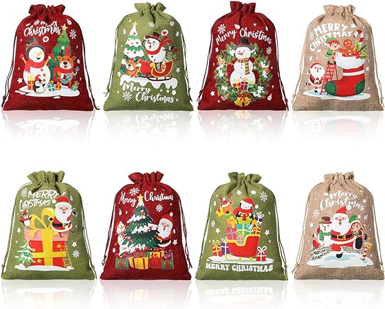 Shappy 16 Pieces Burlap Christmas Bags, 6 x 8 Inch, Christmas Small Candy Gift Mini Bags with Drawstring for Xmas Holiday Party Favors (Cute Style)