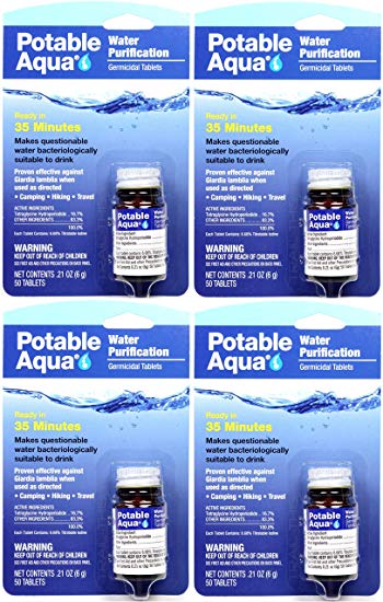 Potable Aqua Water Purification Iodine Tablets 4 Bottles with 50 Each (Four-Pack)