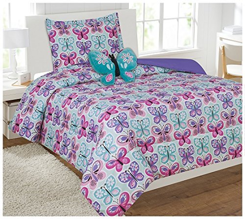 Fancy Linen Collection 6Pc Butterfly Purple Blue/Turquoise Comforter Set With Furry Buddy Included Twin Butterfly New