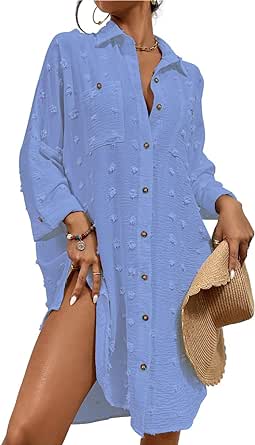 Bsubseach Swimsuit Coverup for Women Bathing Suit Cover Up Button Down Shirt Dresses Swiss Dot