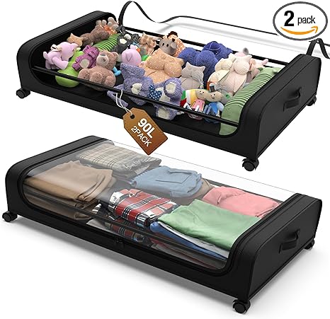 Under Bed Storage with Wheels, 2Pack Under the Bed Storage Containers with Clear Window Lid, 45L Large Capacity Underbed Storage Containers, Underbed Storage Bins for Clothes, Toys And Shoes, Bedding