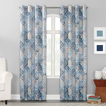 Sun Zero Reardon Distressed Global Tile Print Grommet Curtain Panel, 54" x 63", Navy Blue