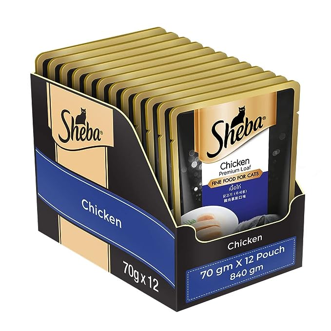 Sheba Rich Premium Adult ( 1 Year) Fine Wet Cat Food, Chicken Loaf- Pack of 12 (70g x 12)