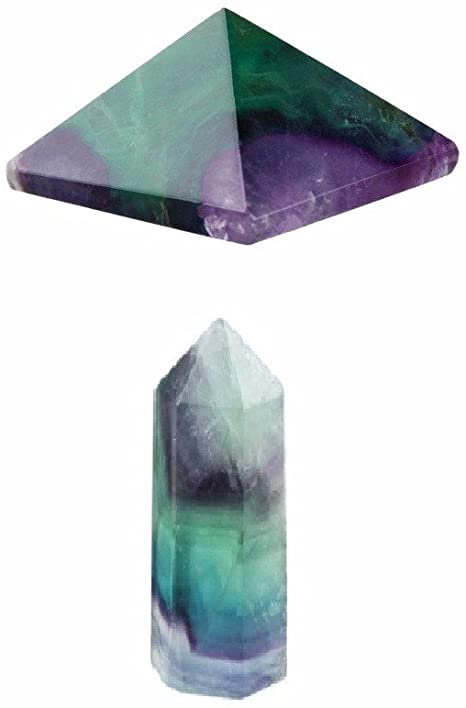 rockcloud Flourite Healing Crystal Point Faceted Prism Wand & Pyramid Carved Reiki Stone Figurine(Pack of 2)