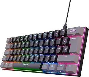 Trust Gaming GXT 867 Acira 60% Clavier Mécanique AZERTY Français, Touches à Double Fonction, Éclairage RGB, USB Compact Mini Clavier Gamer 60 Pourcent Programmable PC Portable - Noir/Gris