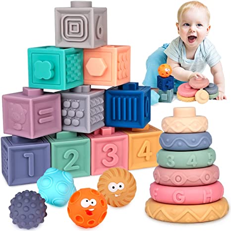 Baby Toys 6 to 12 Months - Montessori Toys for Infant 0-6 Months - 3 in 1 Building Blocks Teething Toys for Babies 12-18 Months