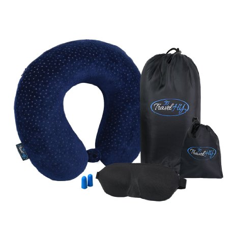 TravelHY Luxury Memory Foam Neck Pillow Super Light 3D Sleeping Mask Travel Bag Ear Plugs Dark Blue