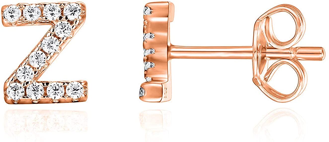 PAVOI 14K Rose Gold Plated Sterling Silver CZ Alphabet Letter Earrings | Initial Earrings for Girls
