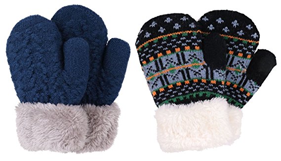 Arctic Paw 3 Pairs Kids' Sherpa Lined Knit Mittens Boys Girls Winter Gloves