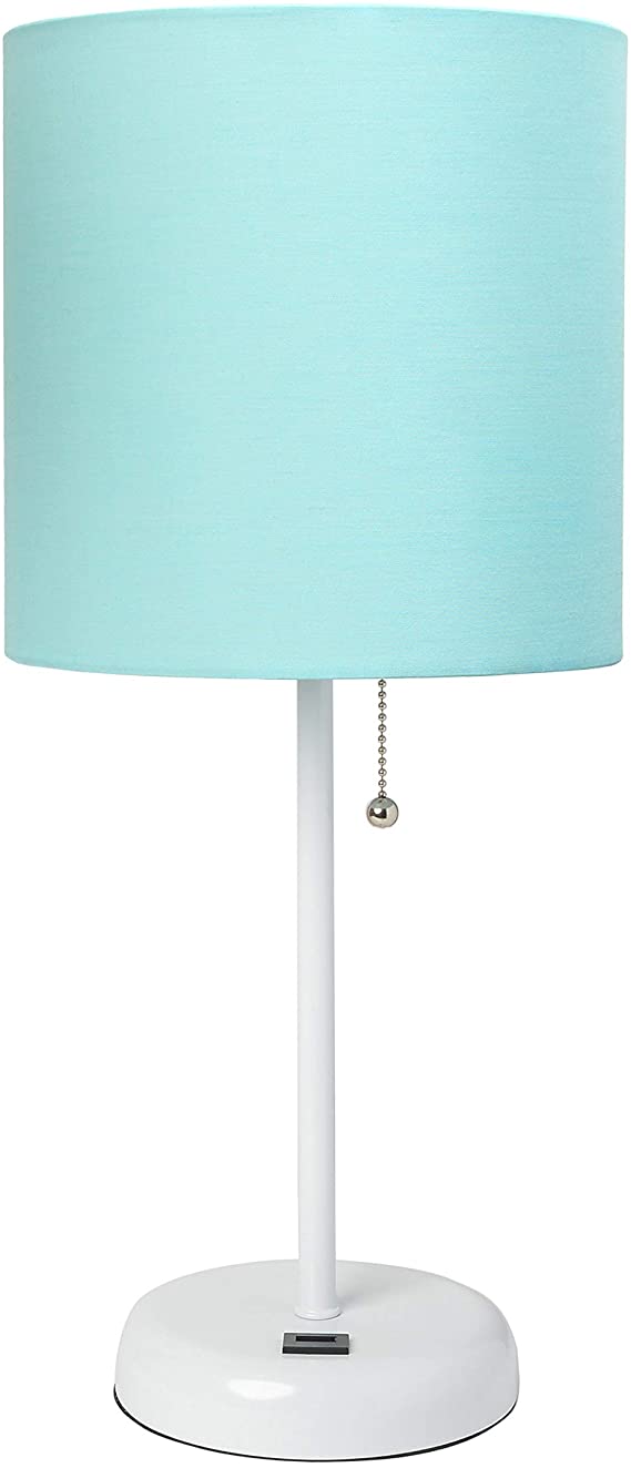 Limelights LT2044-AOW Stick USB Charging Port and Fabric Shade Table Lamp, White/Aqua