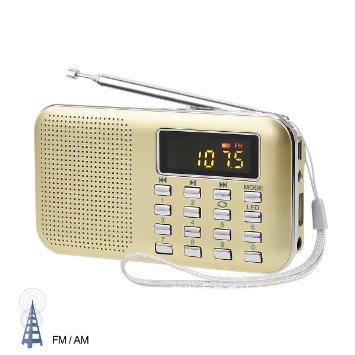 LEFON Mini Digital AM FM Radio Media Speaker MP3 Music Player Support TF Card / USB Disk with LED Screen Display and Emergency Flashlight Function (Golden-Upgraded)