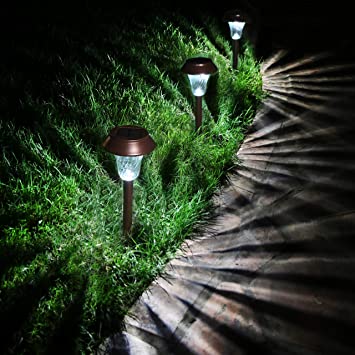 Enchanted Spaces Bronze Solar Path Light, Set of 6, with Glass Lens, Metal Ground Stake, and Extra-Bright LED for Garden, Lawn, Patio, Yard, Walkway, Driveway