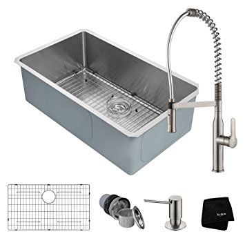 Kraus KHU100-32-1650-41SS Combo with Handmade Undermount 32 in. Single Bowl 16 Gauge Sink and Nola Commercial Kitchen Faucet with Soap Dispenser, Stainless Steel