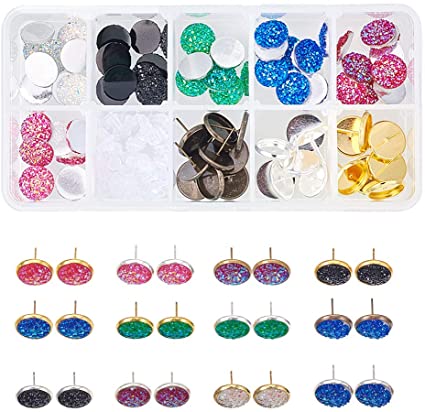 SUNNYCLUE 118PCS DIY 15 Pairs Druzy Stud Earrings Making Starter Kit 6 Color 36pcs 12mm Flat Back Druzy Resin Cabochons, 3 Color 30pcs Blank Stud Bezel Earring Settings Post, Earnuts, Instruction