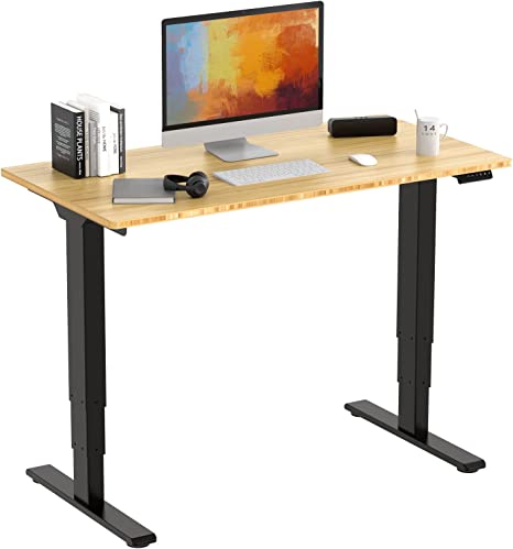 48 Inch Bamboo Electric Standing Desk, 3 Stage Dual Motor Height Adjustable Desk, Stable and Durable Sit to Stand Home Office Desk (Black Frame/ 48” x 24” Natural Bamboo Top)