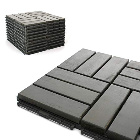 Deck Tiles - Patio Pavers - Acacia Wood Outdoor Flooring - Interlocking Patio Tiles - 12"x12" (10 Pack) - Modern Grey Finish - Checker Pattern Decking