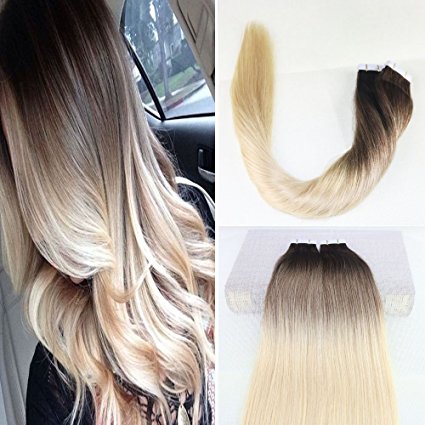 BeautyMiss 18" 40Pcs/100g Remy Hair Tape in Hair Extensions Color #3 Chocolate Brown Fading to #8 Ash Brown #613 Bleach Blonde Dip Dye Balayage Ombre Hair Extension tape in Extensions