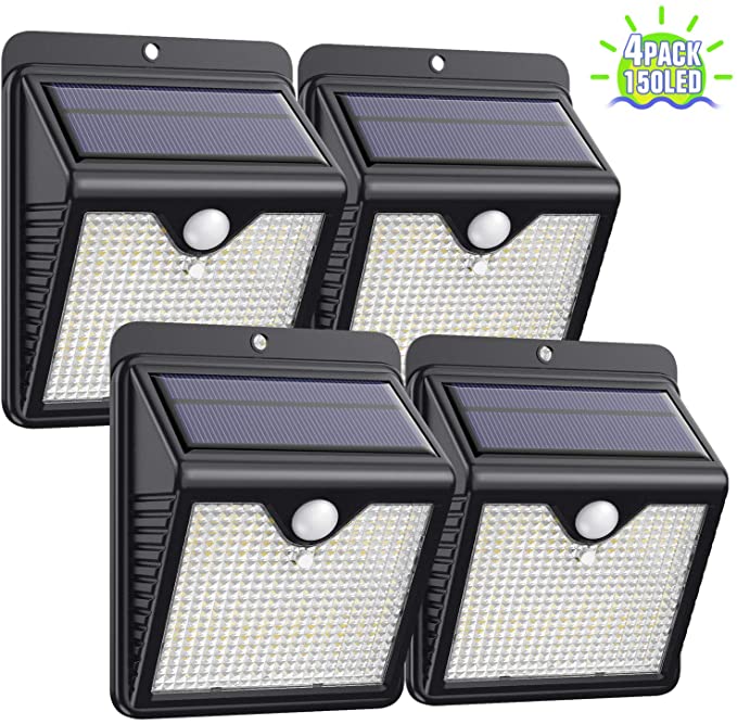 Solar Lights Outdoor [4Pack - 150LED Super Bright] Solar Security Lights Motion Sensor Lights IP65 Waterproof Wireless Wall Lights Solar Powered Lights for Garden Patio Yard Deck Garage Fence Pool