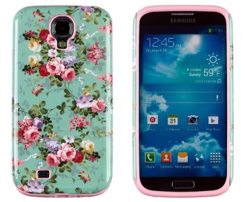 DandyCase 2in1 Hybrid High Impact Hard Vintage Sea Green Floral Pattern   Pink Silicone Case Cover For Samsung Galaxy S4 i9500   DandyCase Screen Cleaner