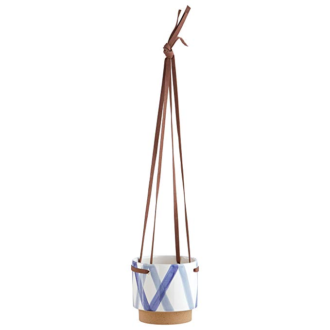 Rivet  Ceramic Planter with Leather Strap, 5.3"H, Modern, Blue and Ivory