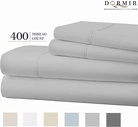 Dormir 400 Thread Count 100% Cotton Sheet Lt Grey Cal-King Sheets Set, 4-Piece Long-Staple Combed Cotton Best Sheets for Bed, Breathable, Soft & Silky Sateen Weave Fits Mattress Upto 18'' Deep Pocket