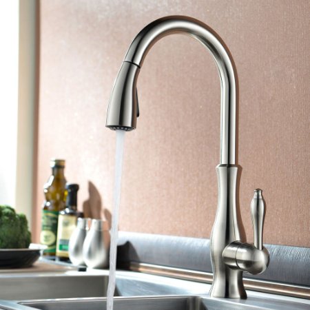 KES Kitchen Faucet Pull Down Spray Single Handle Traditional Style Single Hole Bar Sink Water Mixer Tap with Pull Down Sprayer Swivel High Arc Gooseneck Spout, Brushed Nickel, L6915-2