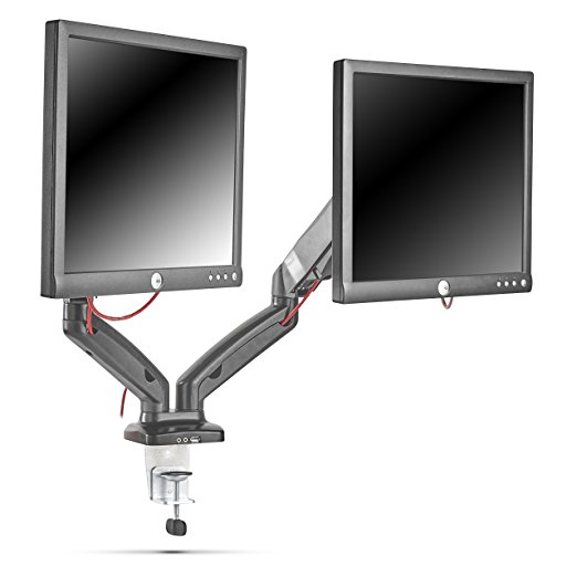 VonHaus Monitor Mount (Double Arm) Gas Spring - 13”- 27” Screens - USB & Audio Port - LED LCD Mounting Bracket Desk Clamp - Adjustable Articulating Swivel Arms - Max VESA 100x100