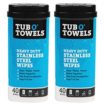 Tub O' Towels Stainless Steel Cleaning Wipes - Remove Fingerprints, Water Marks, Grease and Residue - Clean, Polish and Protect - 40 Count, 2-Pack