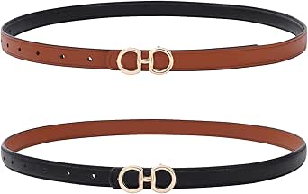 AWAYTR Womens Reversible Thin Belt - Skinny Waist Leather Belt with Gold Buckle Ladies Fashion Belt for Jeans Dress