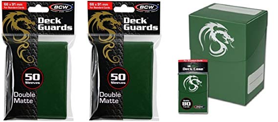 COMBO- BCW GREEN Standard Deck Case plus 2x 50ct Pks (100) of GREEN Double Matte Deck Guard Sleeves for Collectable Gaming Cards like Magic The Gathering MTG, Pokemon, YU-GI-OH!, & More. Dragon Graphic on BOX.