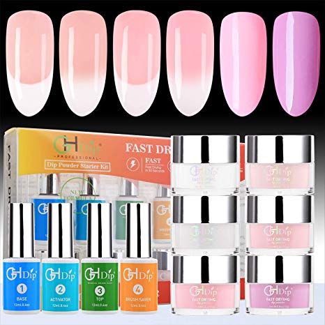 Natural Pink and White French Nail Dipping Powder Starter Kit G641 (Come with Clear and White dip Powder, 4 Pink Colors dip Powder, Base Coat, Top Coat, Activator, Brush Saver)