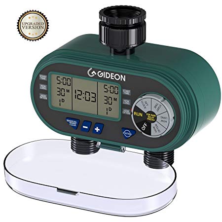 Gideon Dual-valve Hose Irrigation Water Timer Sprinkler System Controller – Battery Powered; Easy Lawn Garden Hose Connection Valve with Simple to Use Digital System for Water Sprinkler [UPGRADED]