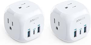 2 Pack Anker USB C Outlet Extender, 321 Outlet Extender with 3 Outlets and 20W USB C Charging for iPhone 15/15 Plus/15 Pro/15 Pro Max, Power Delivery Charging for School, Home,Office Listed