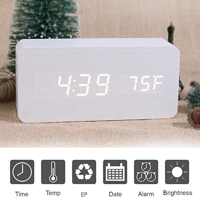 Wooden Digital Alarm Clock, SHEJIZE LED Desk Travel Mute Alarm Clock with Time Temperature and Sound Control (Black8)